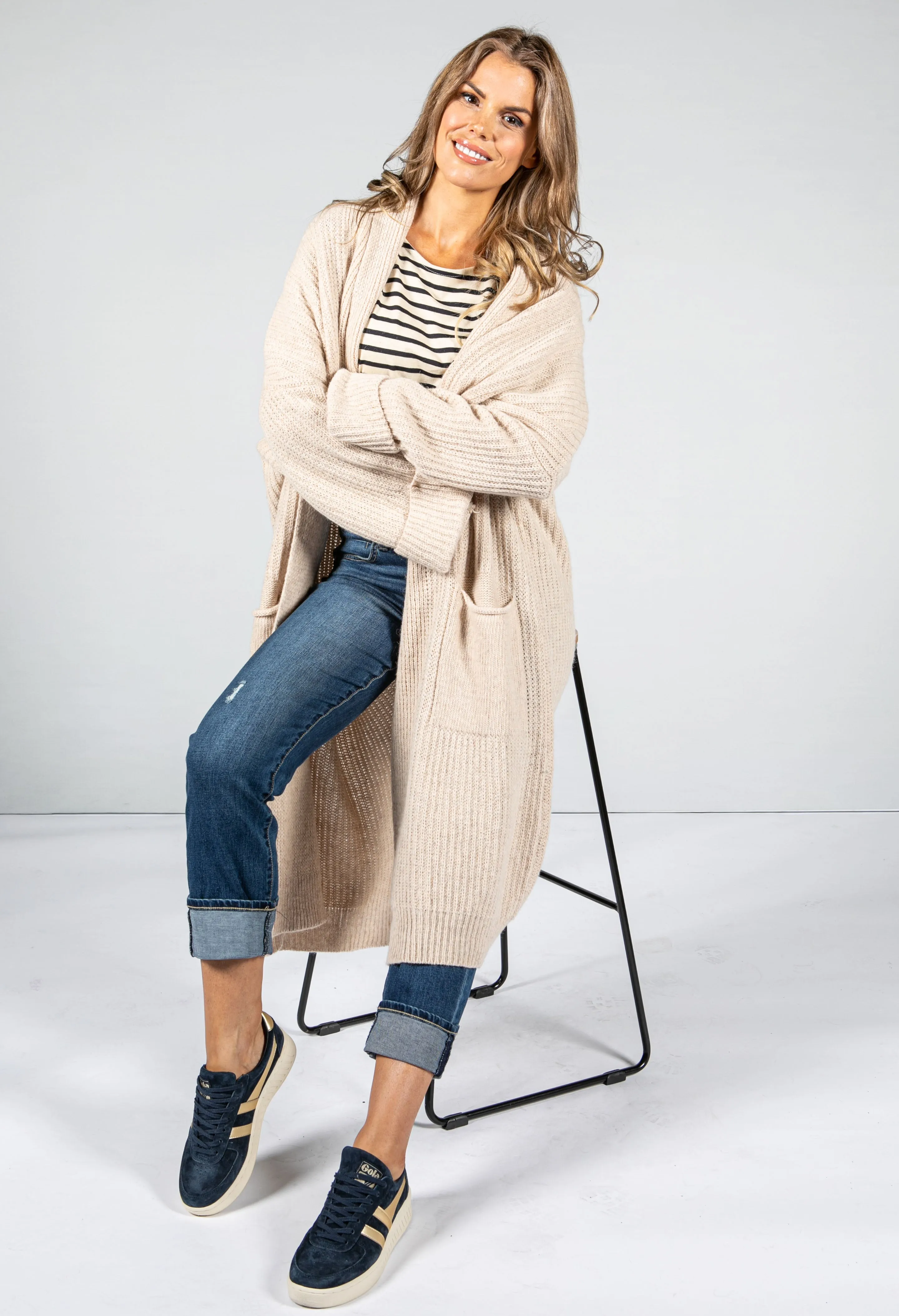 COSY CHUNKY KNIT LONGLINE CARDIGAN IN Sand