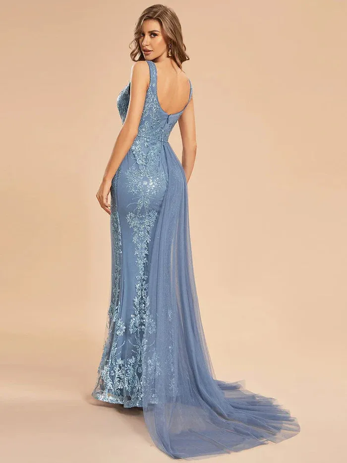 Custom Size Sleevleless Sequin Bodycon Prom Dress with Tulle Ribbon