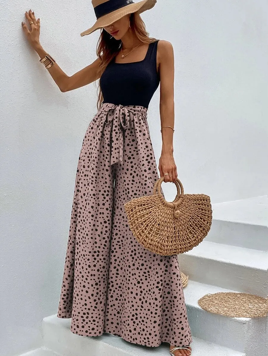 Dalmatian Print Wide Leg Belted Jumpsuit