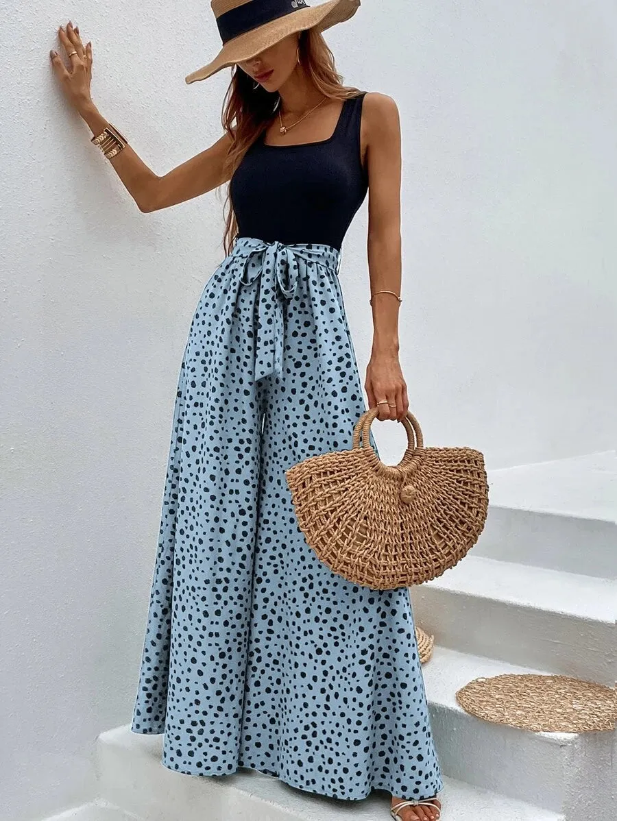 Dalmatian Print Wide Leg Belted Jumpsuit