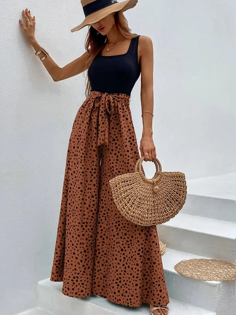 Dalmatian Print Wide Leg Belted Jumpsuit