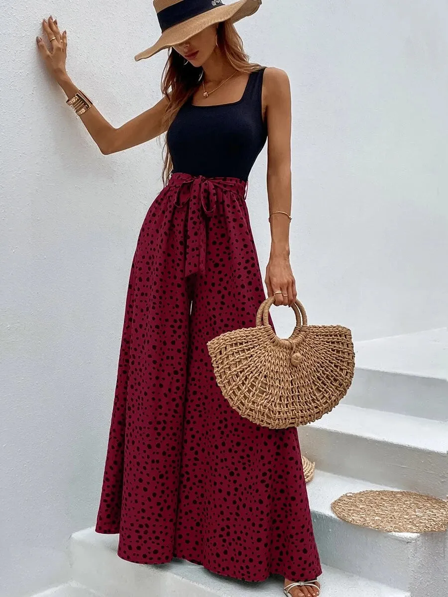 Dalmatian Print Wide Leg Belted Jumpsuit
