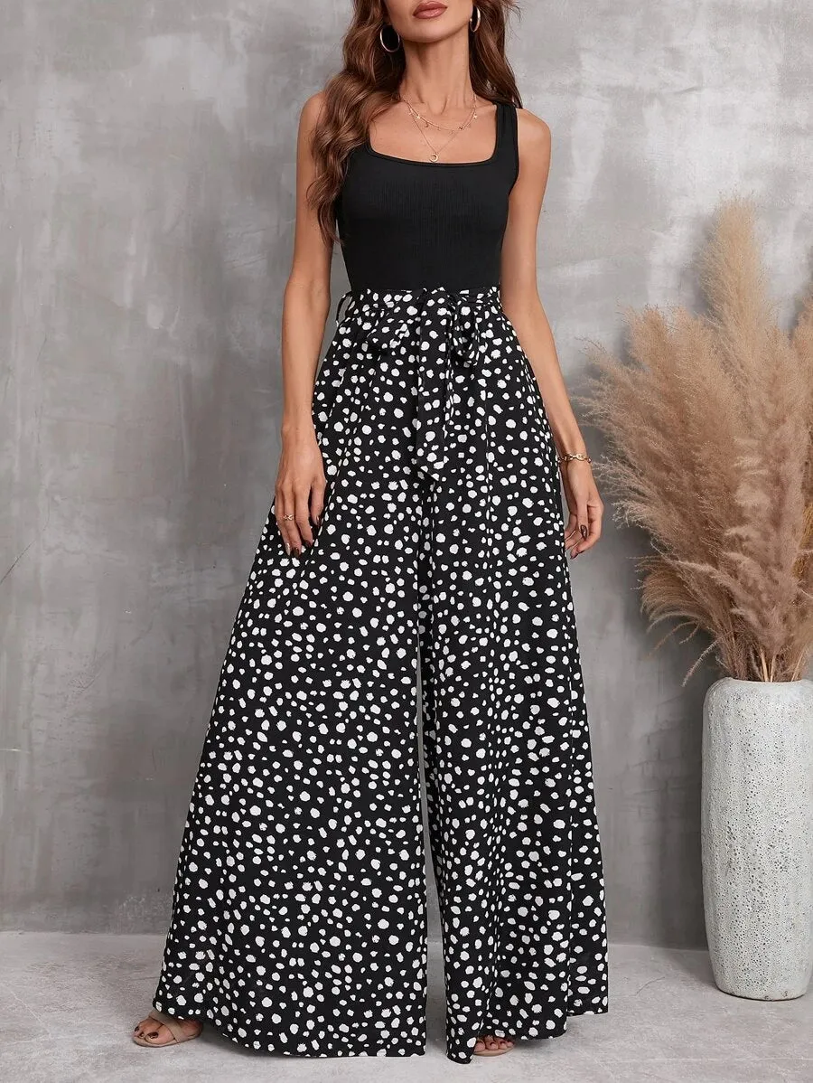 Dalmatian Print Wide Leg Belted Jumpsuit