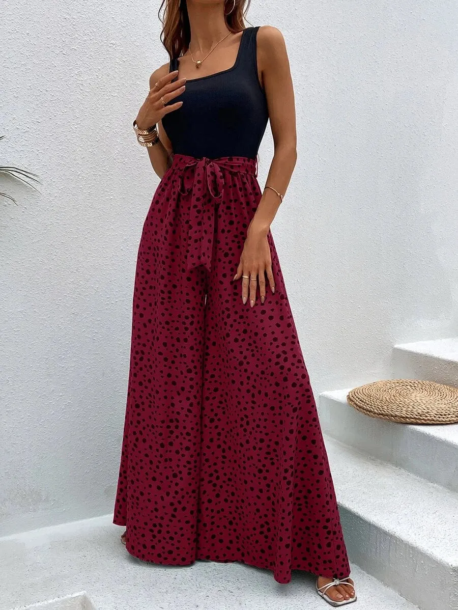 Dalmatian Print Wide Leg Belted Jumpsuit