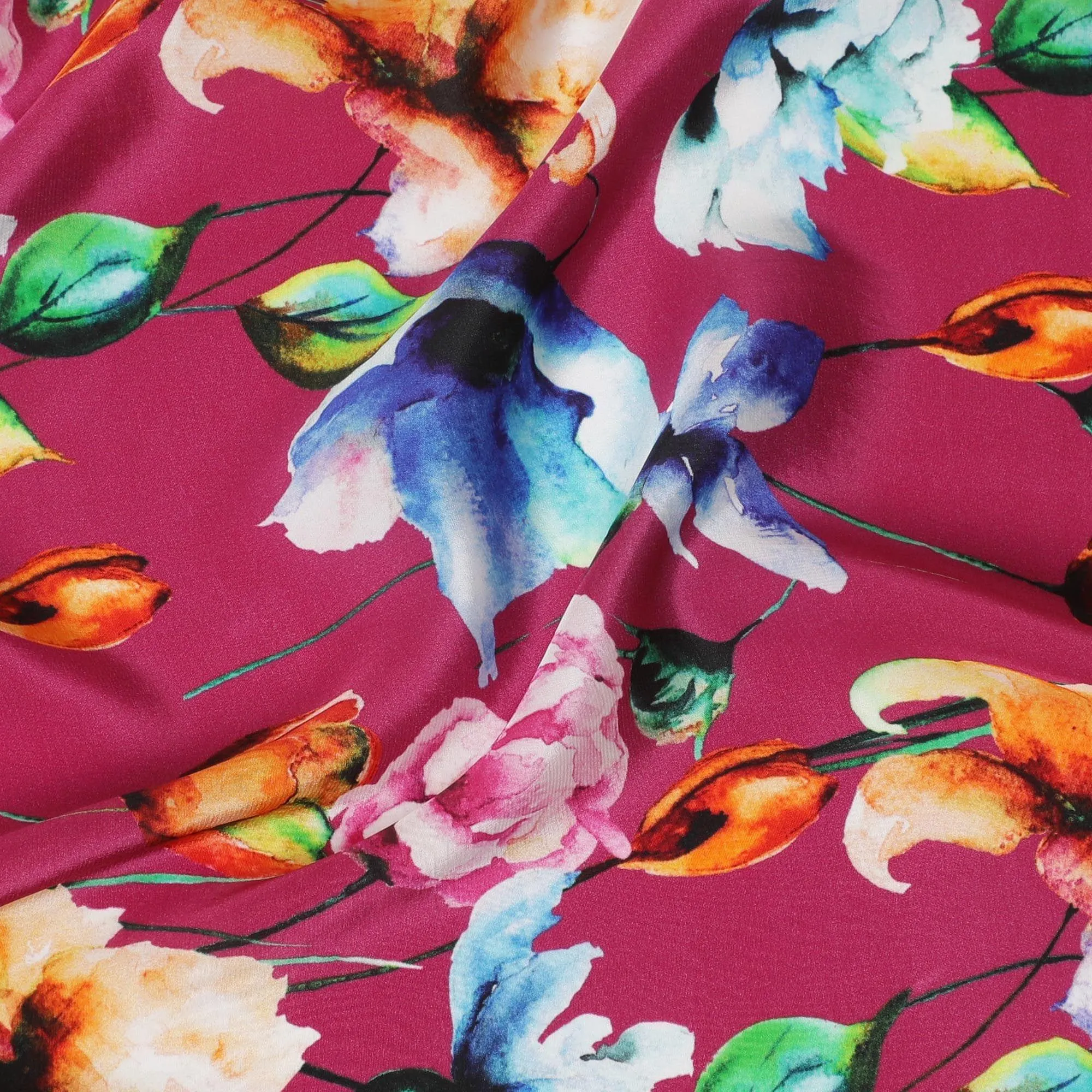 Dark cerise pink synthetic crepe fabric with multicolor print in floral design-D14462