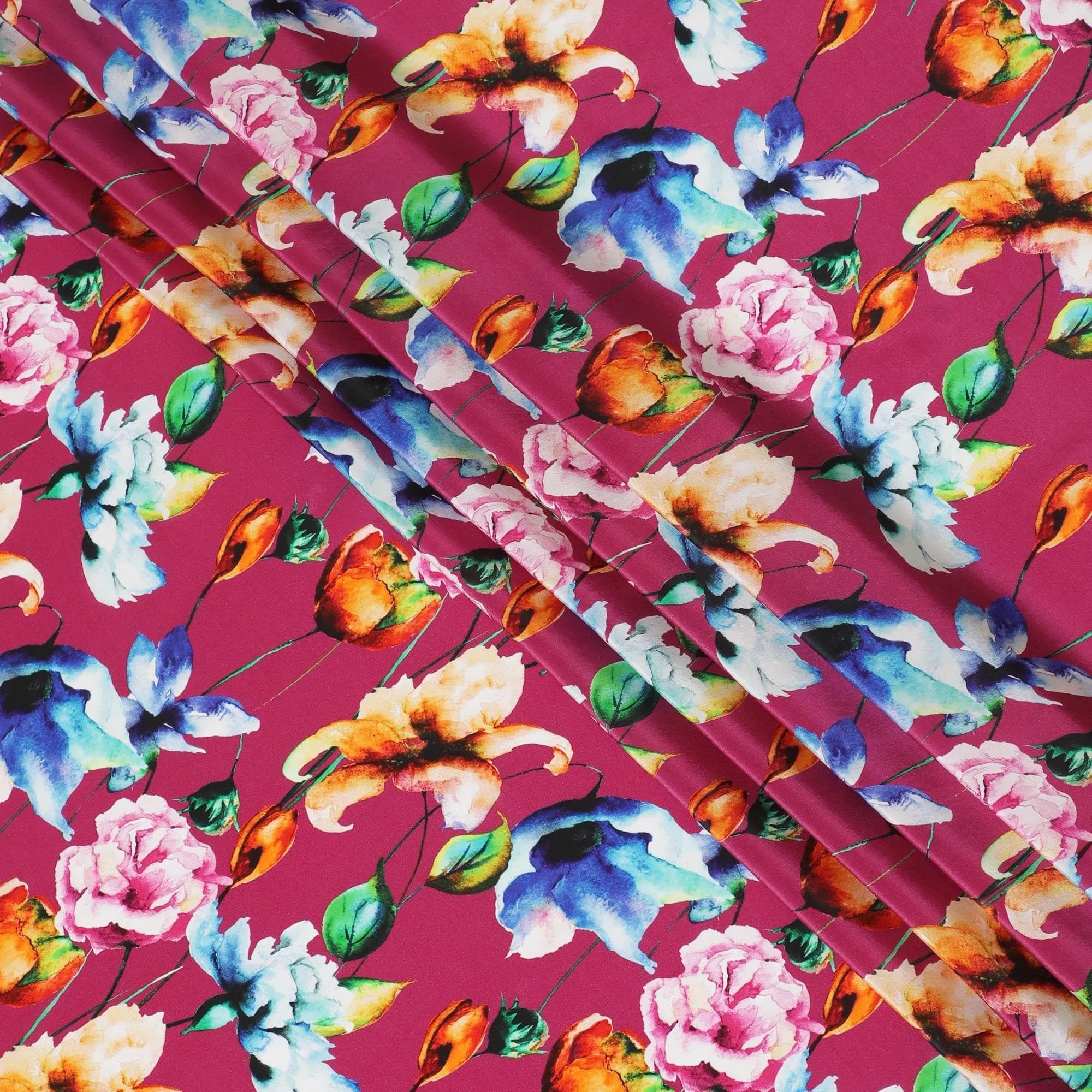 Dark cerise pink synthetic crepe fabric with multicolor print in floral design-D14462