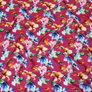 Dark cerise pink synthetic crepe fabric with multicolor print in floral design-D14462