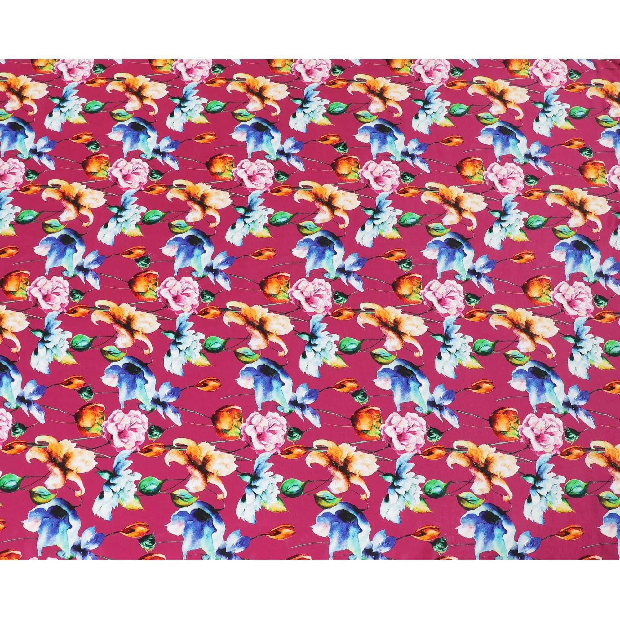 Dark cerise pink synthetic crepe fabric with multicolor print in floral design-D14462