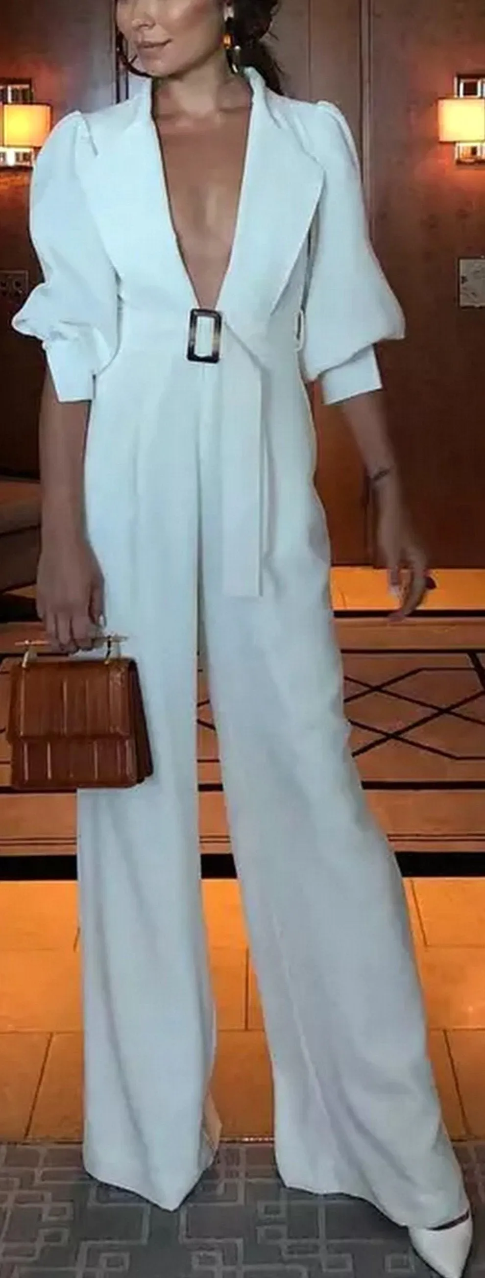 Deep V-Neck Belted Jumpsuit