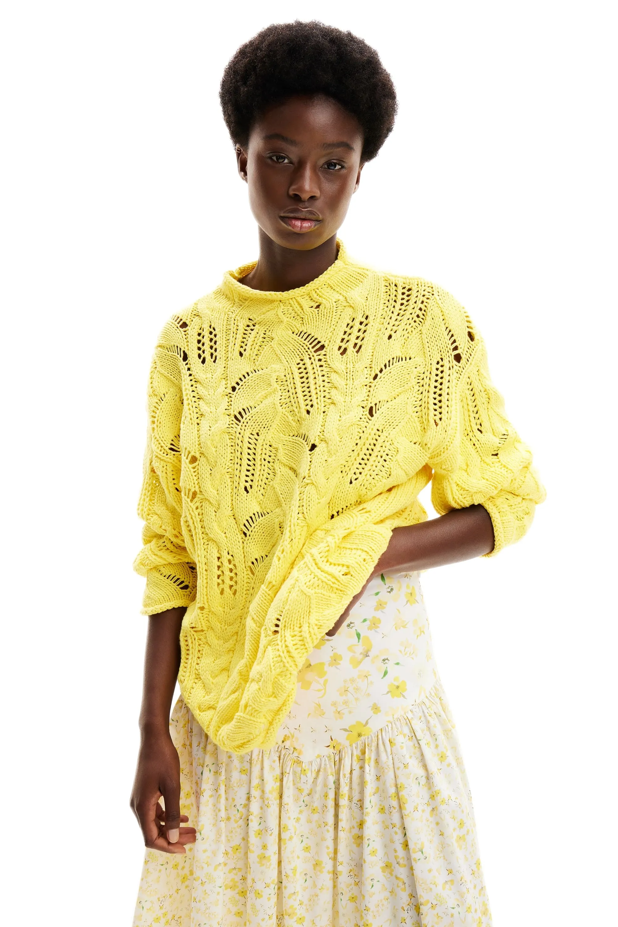 Desigual Milano Oversized Cutwork Chunky Sweater 24SWJF23 White Yellow