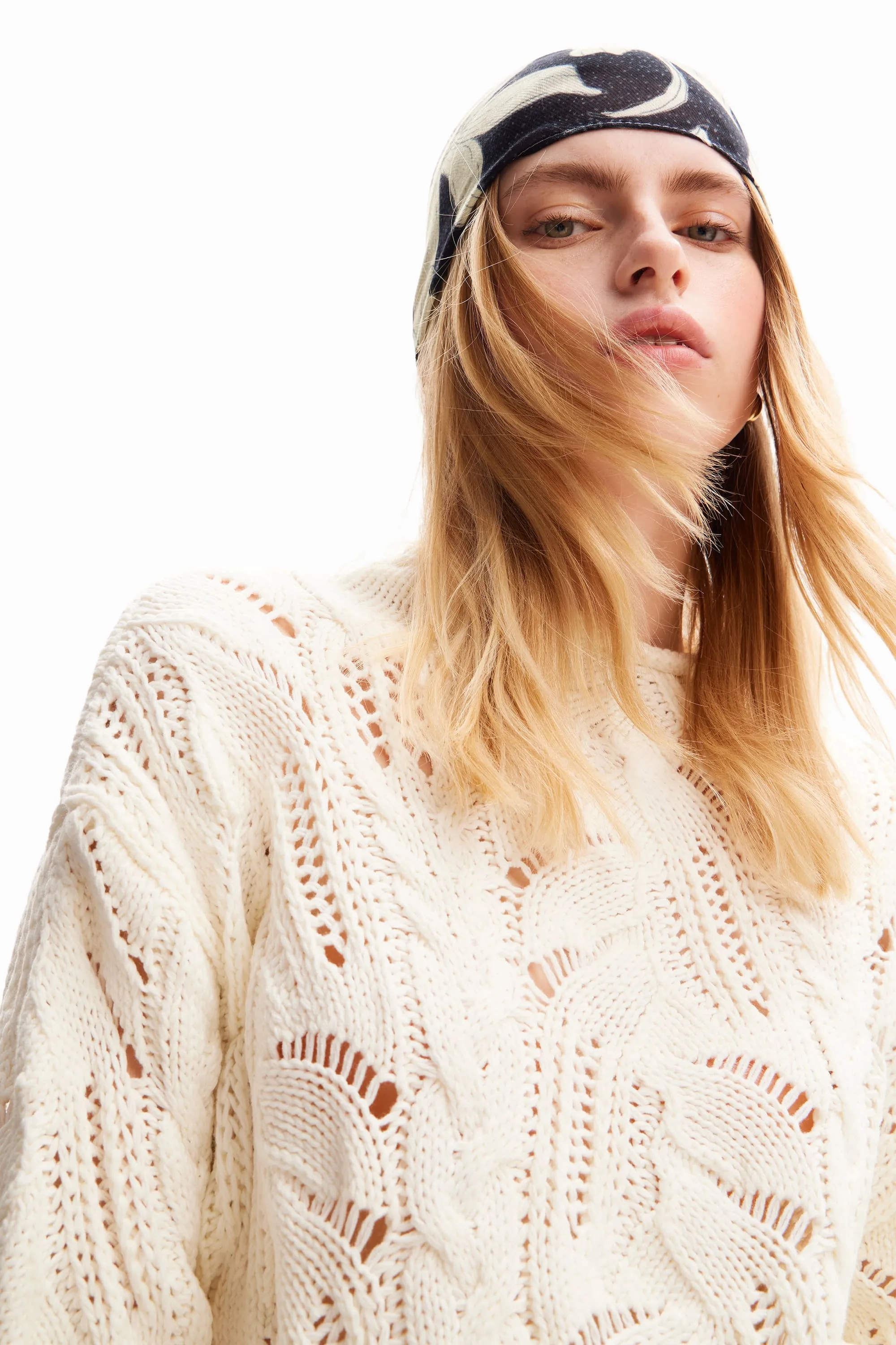 Desigual Milano Oversized Cutwork Chunky Sweater 24SWJF23 White Yellow