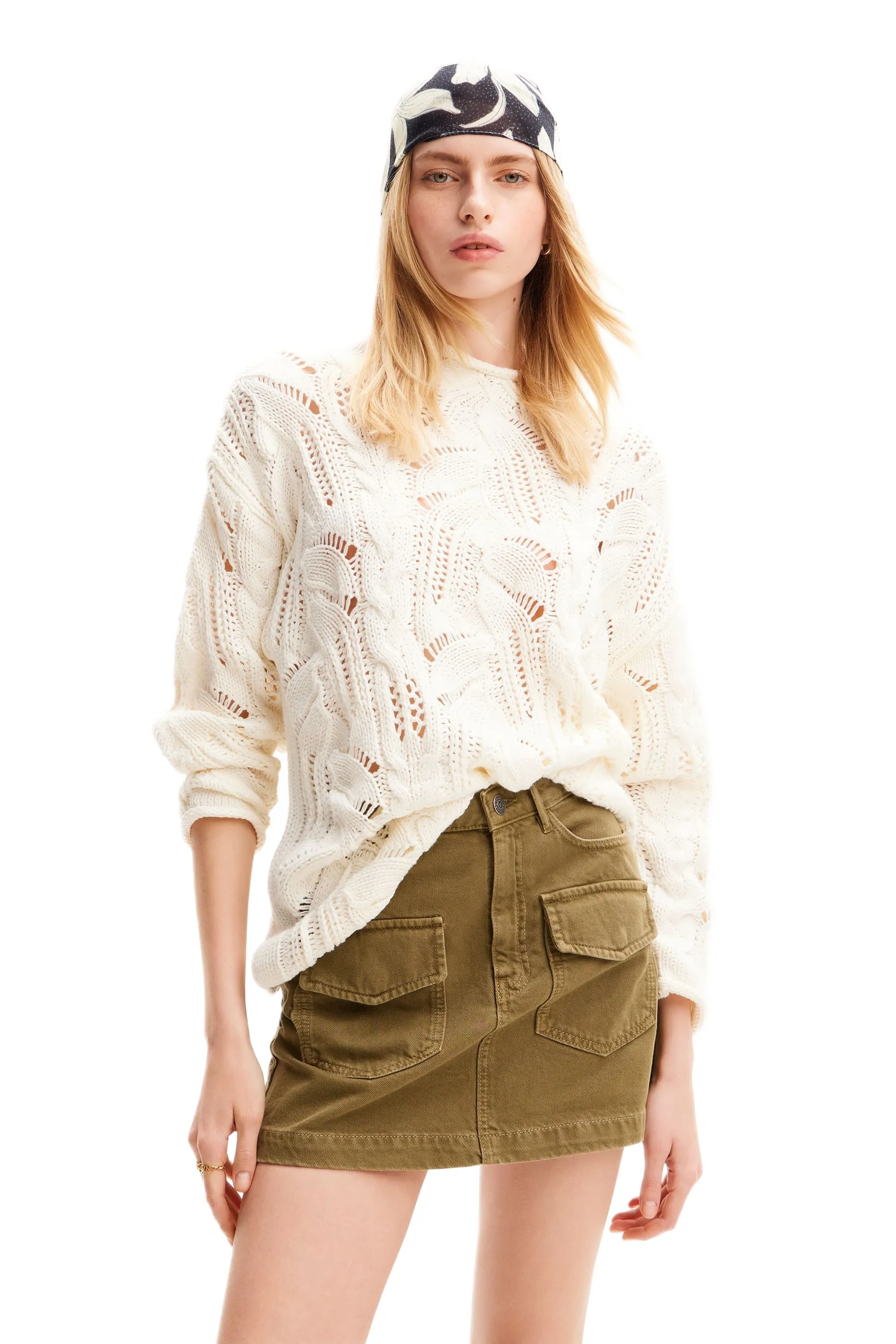 Desigual Milano Oversized Cutwork Chunky Sweater 24SWJF23 White Yellow