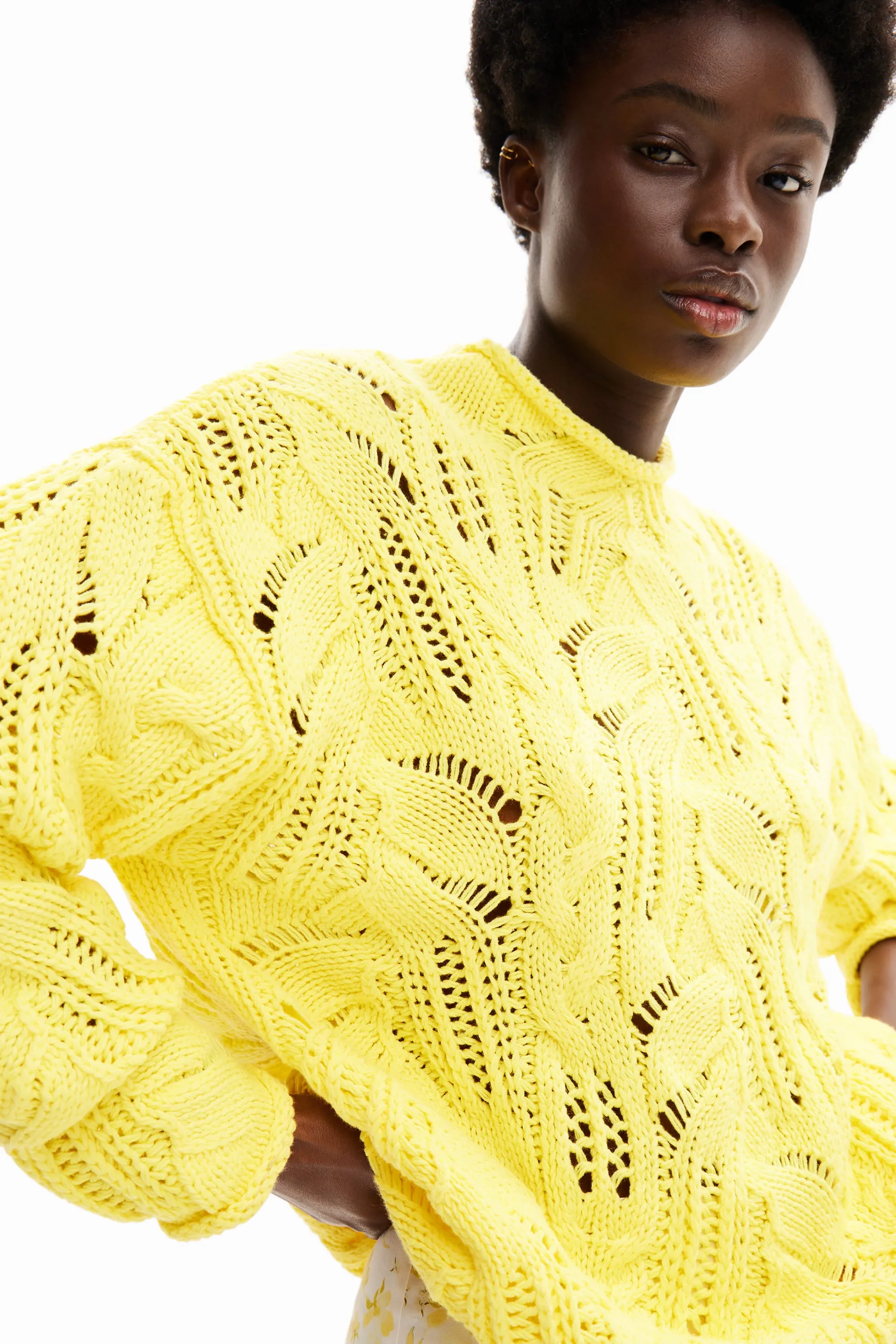 Desigual Milano Oversized Cutwork Chunky Sweater 24SWJF23 White Yellow