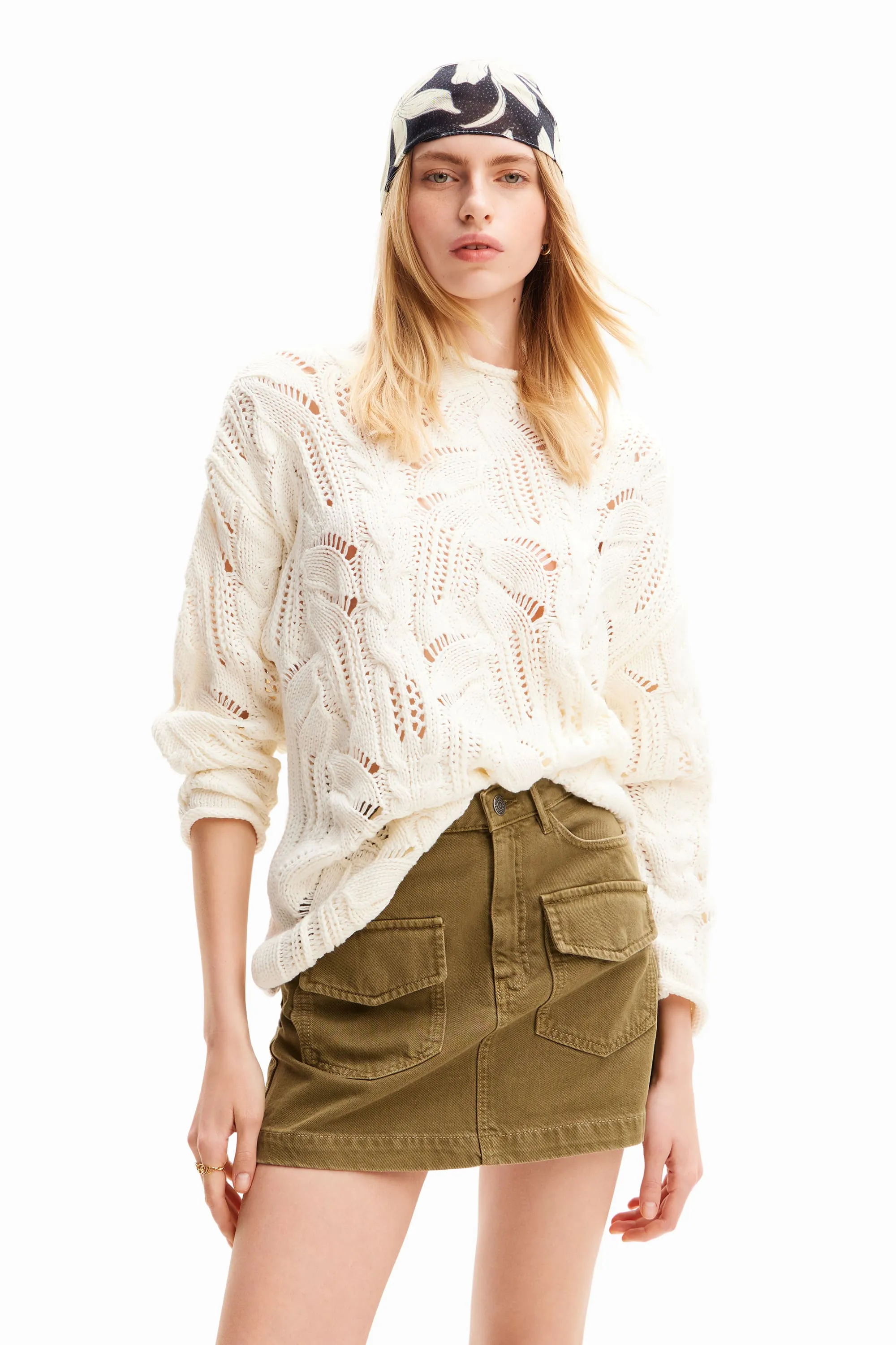 Desigual Milano Oversized Cutwork Chunky Sweater 24SWJF23 White Yellow