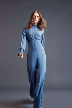 Draped Lisa Gathered High Waist Jumpsuit Blue -Modest Rompers