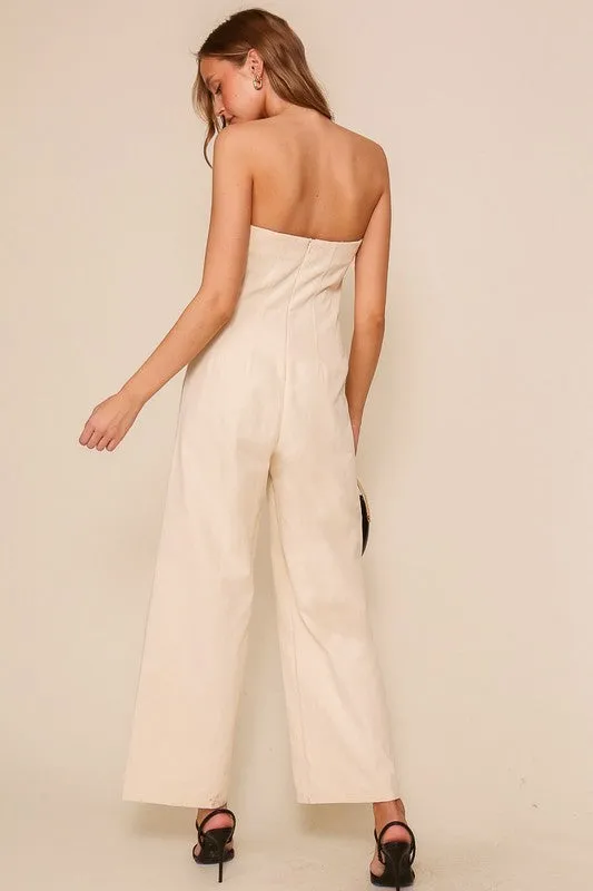 Ecru Strapless Wide Leg Jumpsuit