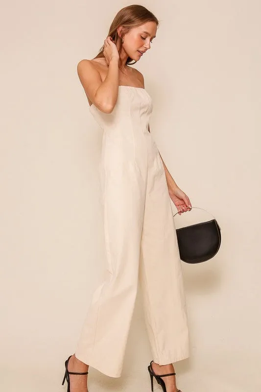 Ecru Strapless Wide Leg Jumpsuit