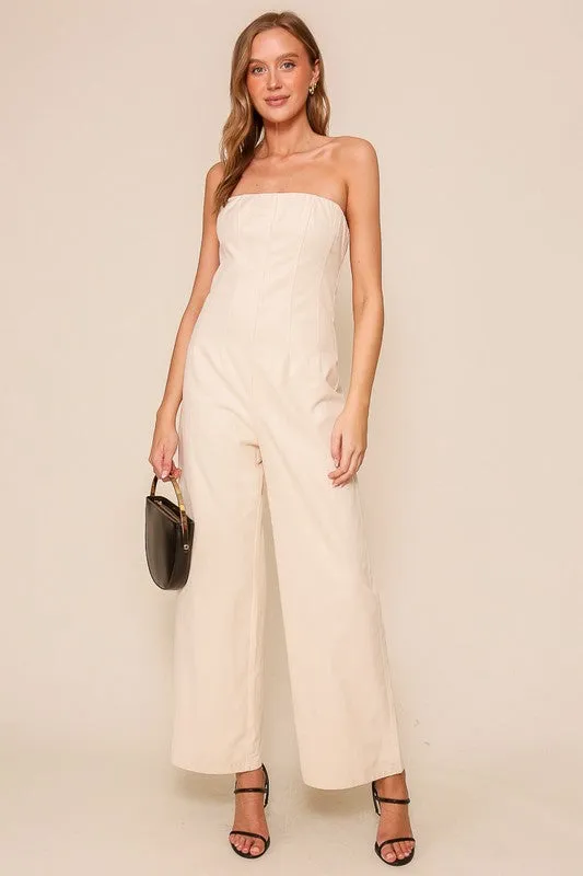 Ecru Strapless Wide Leg Jumpsuit
