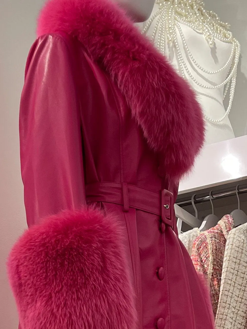 Faux Fur Genuine Leather Coat in Pink
