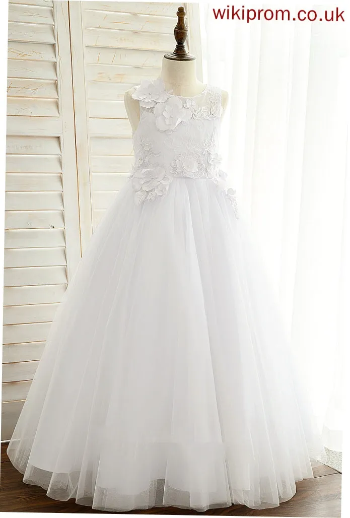Floor-length Neck Satin/Tulle/Lace - Sleeveless Zaria Girl Flower With Dress Scoop Appliques Ball-Gown/Princess Flower Girl Dresses