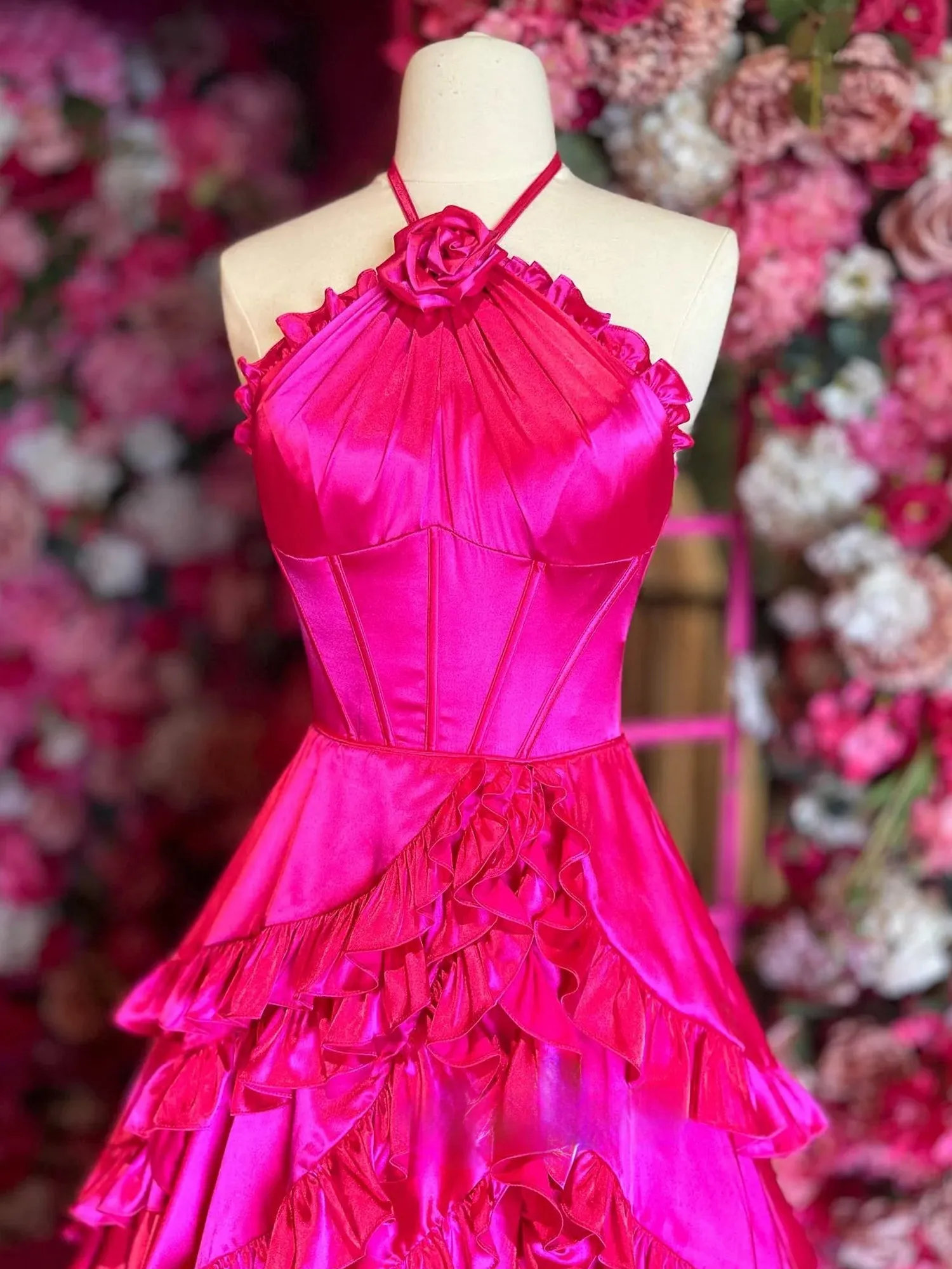 Fuchsia Halter Neck Tiered Ruffles Long Prom Dress