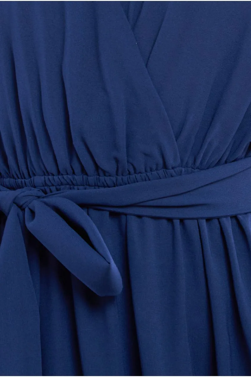 Goddiva Sustainable Chiffon Flutter Sleeve Wrap Maxi Dress - Navy