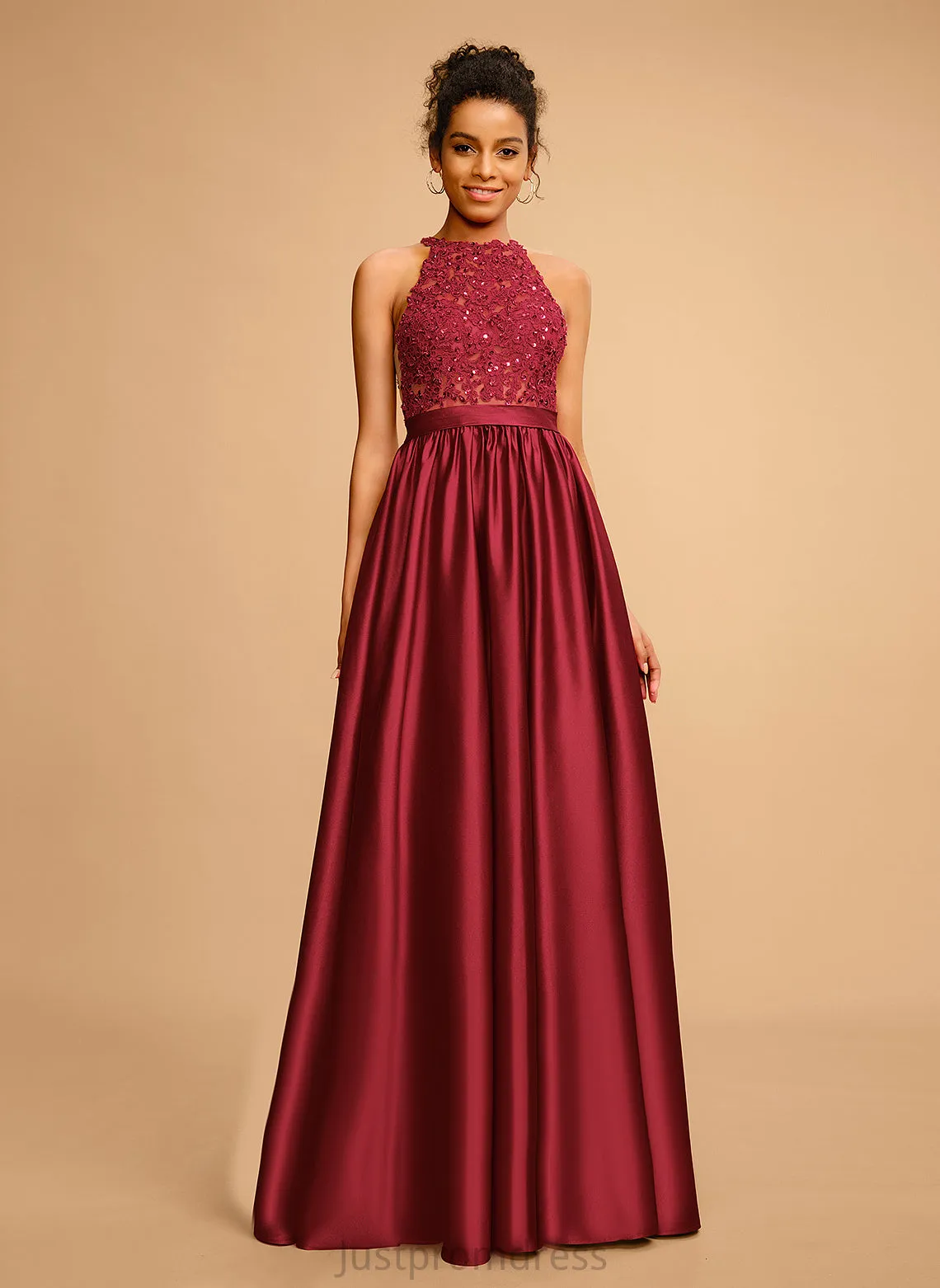Halter Fernanda Floor-Length Lace Prom Dresses Ball-Gown/Princess With Satin Sequins