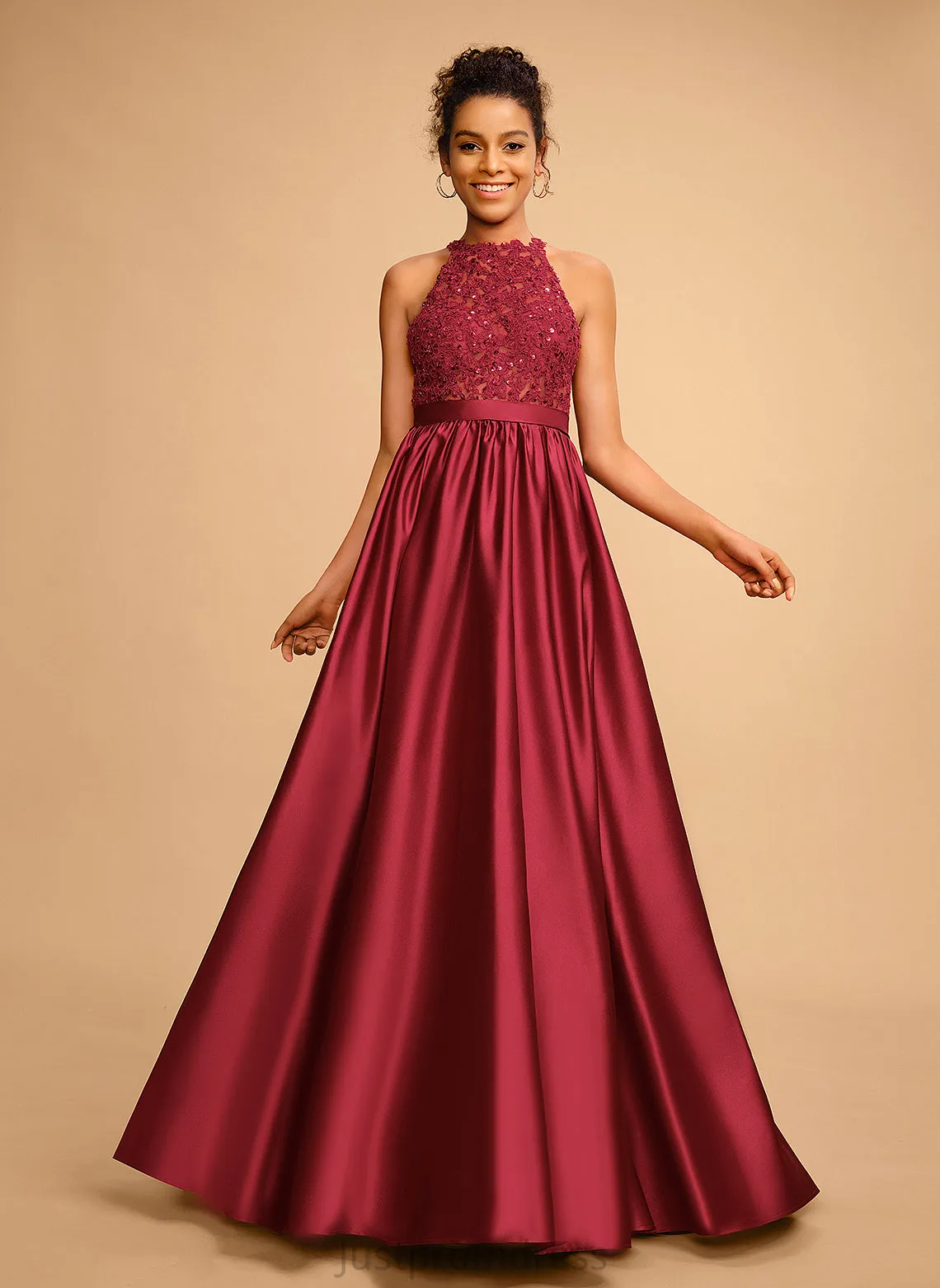 Halter Fernanda Floor-Length Lace Prom Dresses Ball-Gown/Princess With Satin Sequins