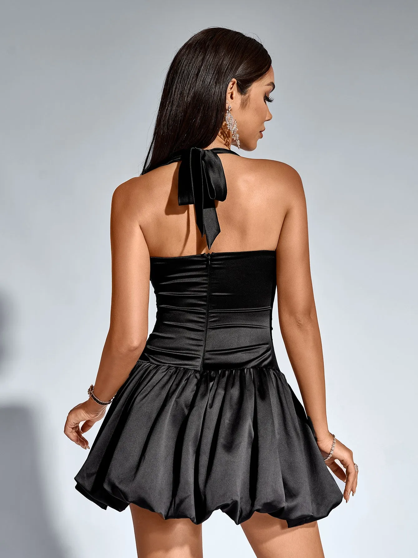 Halter Ruched Pleated Hem Satin Dress