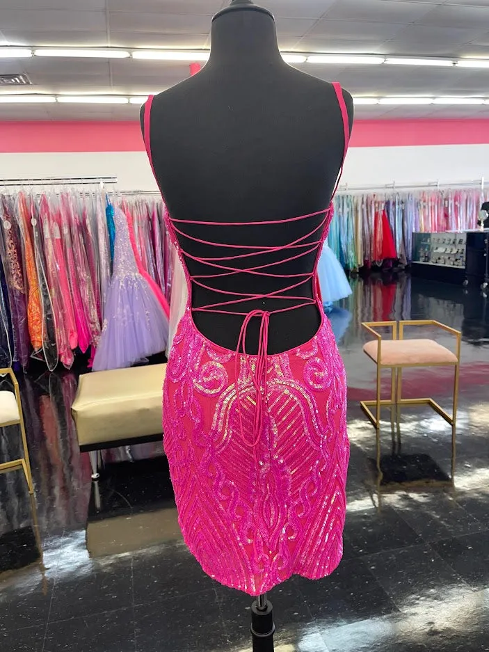 Jovani 09696 Size 8 Hot Pink Short Fitted Sequin Backless corset Formal Cocktail Dress Scoop neck Gown