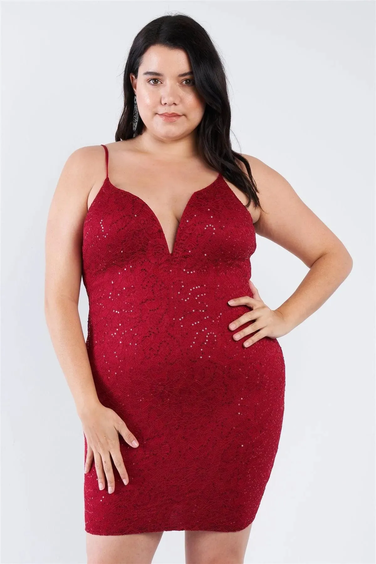 Junior Plus Size Burgundy Floral Lace Sequin Embellished Mini Dress /2-2-2