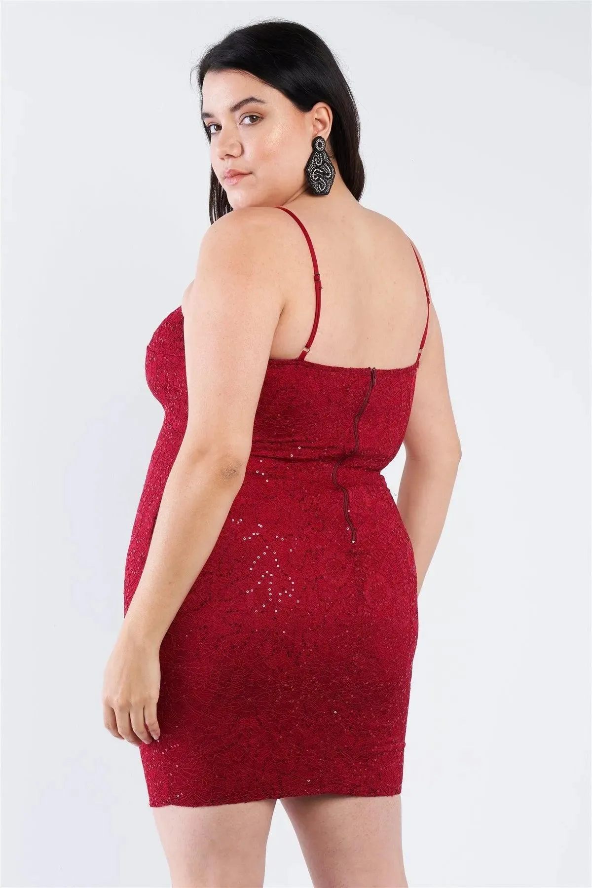 Junior Plus Size Burgundy Floral Lace Sequin Embellished Mini Dress /2-2-2
