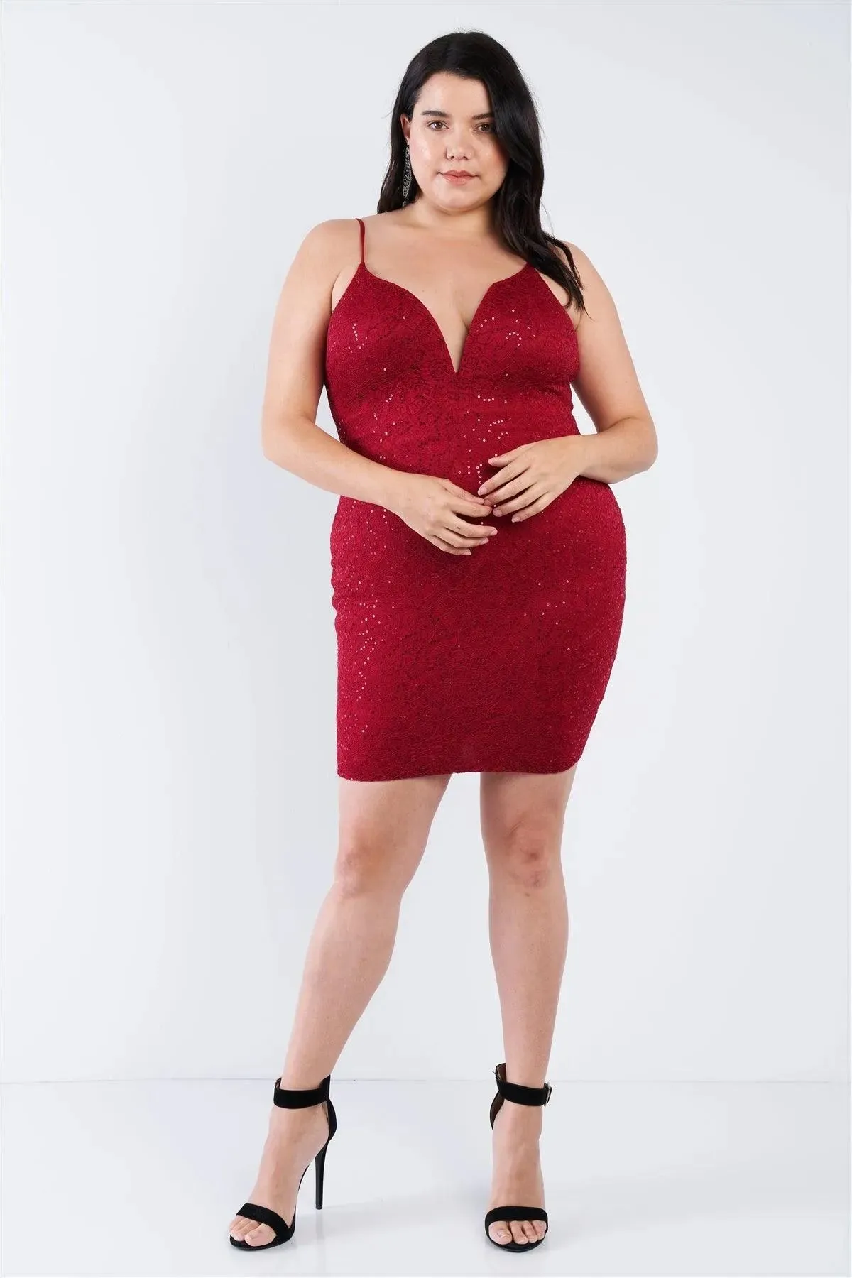 Junior Plus Size Burgundy Floral Lace Sequin Embellished Mini Dress /2-2-2