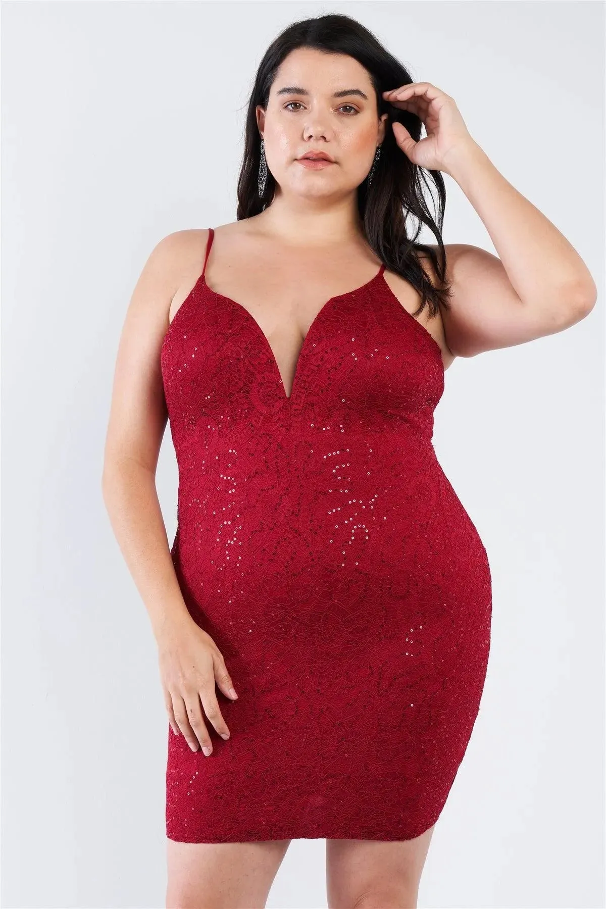 Junior Plus Size Burgundy Floral Lace Sequin Embellished Mini Dress /2-2-2