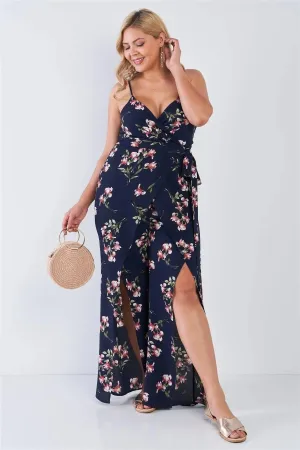 Junior Plus Size Navy Floral Print V-Neck Mock Wrap Wide Leg Slit Jumpsuit /3-2-2