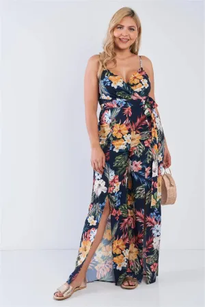 Junior Plus Size Navy Tropical Print V-Neck Wide Leg Slit Jumpsuit /2-2-2