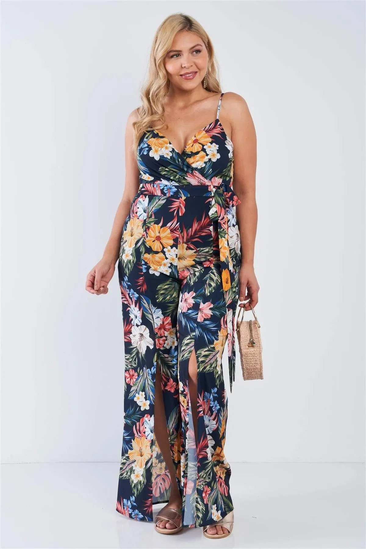 Junior Plus Size Navy Tropical Print V-Neck Wide Leg Slit Jumpsuit /2-2-2