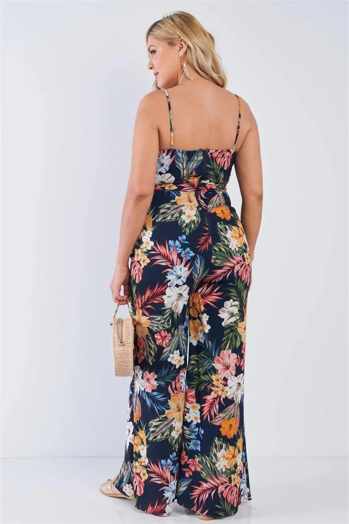 Junior Plus Size Navy Tropical Print V-Neck Wide Leg Slit Jumpsuit /2-2-2