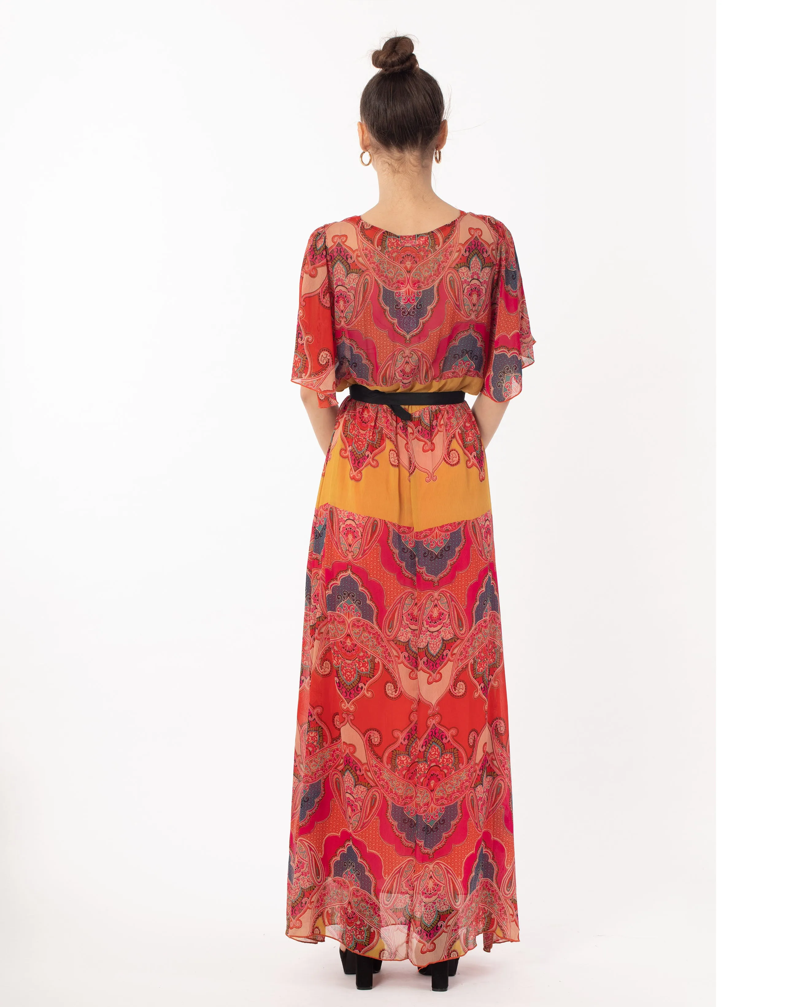 Lady Red Paisley Print Chiffon Wrap Maxi Dress