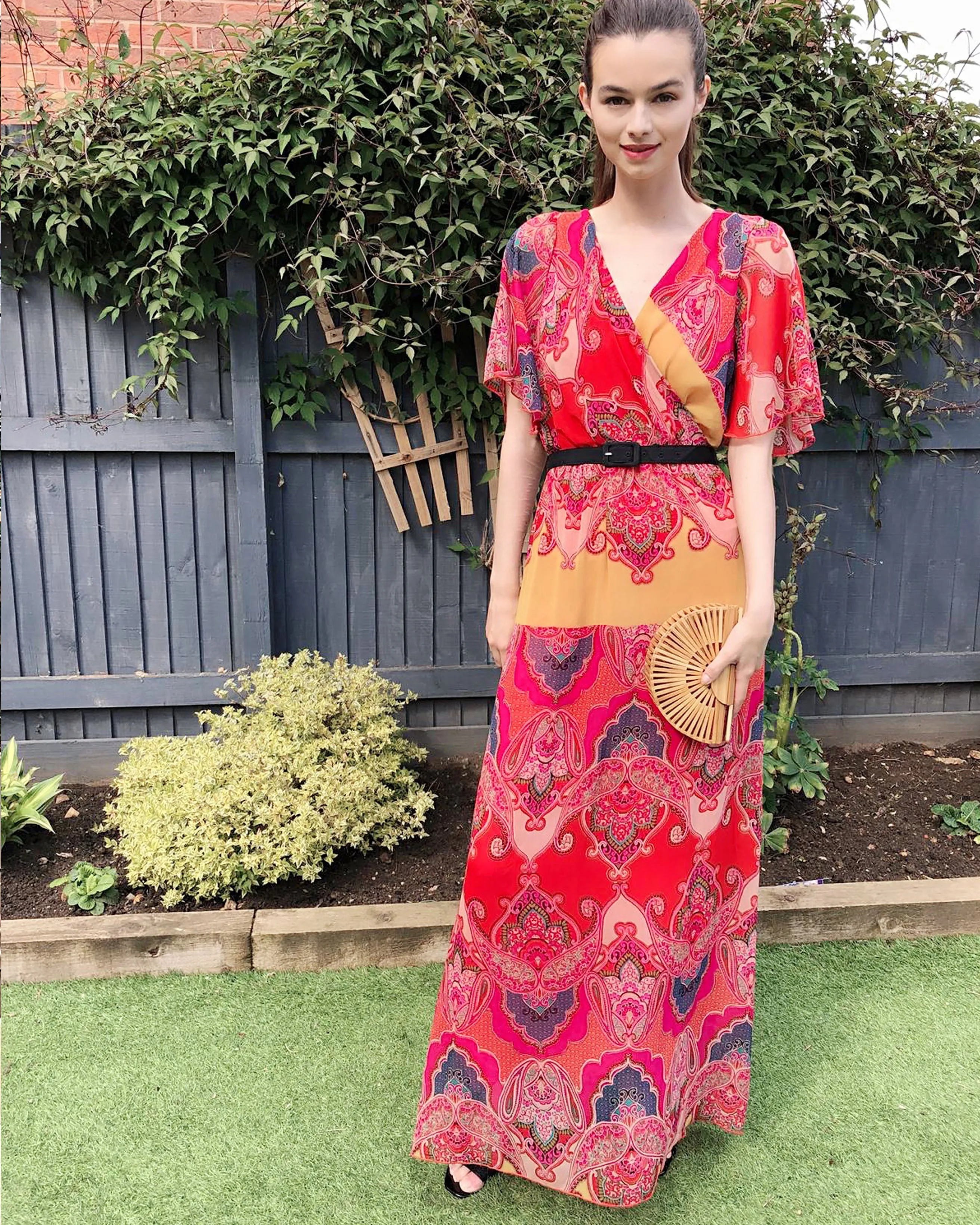 Lady Red Paisley Print Chiffon Wrap Maxi Dress