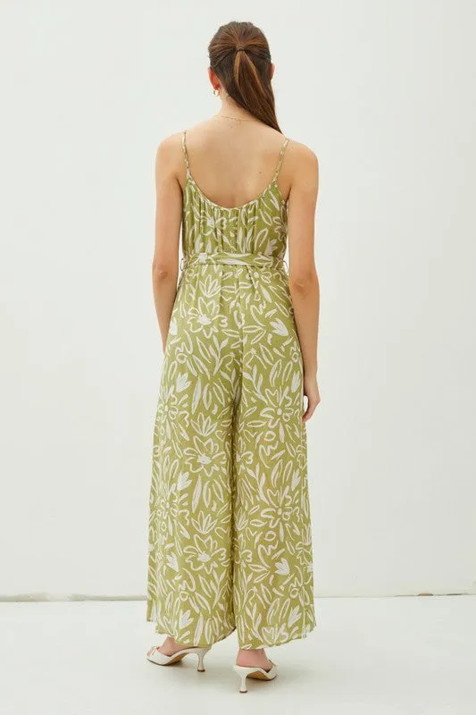 Lime Print Lightweight Tie Belt Wide Leg Cami Jumpsuit