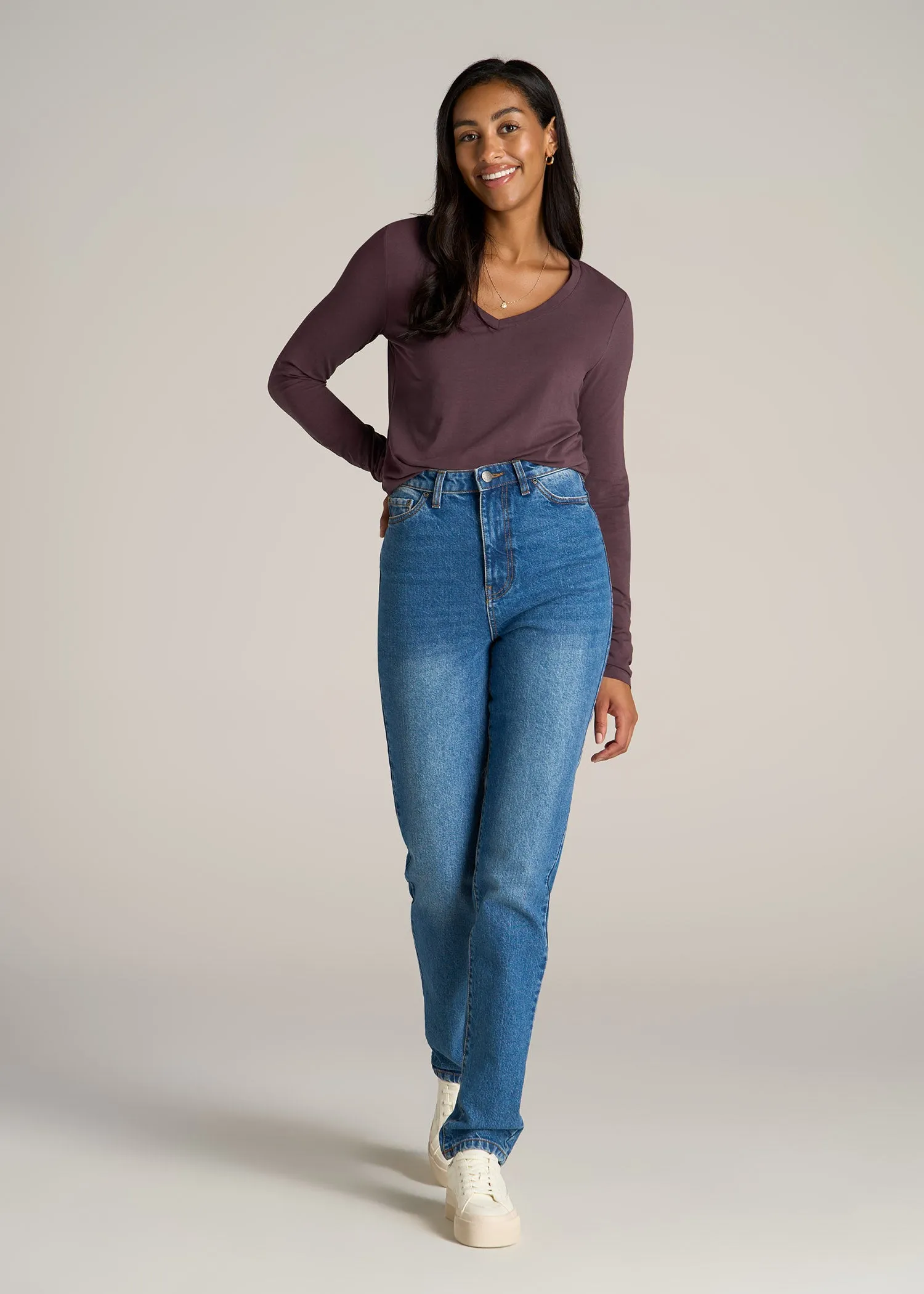 Long Sleeve Scoop V-Neck Tee Shirt for Tall Women in Merlot