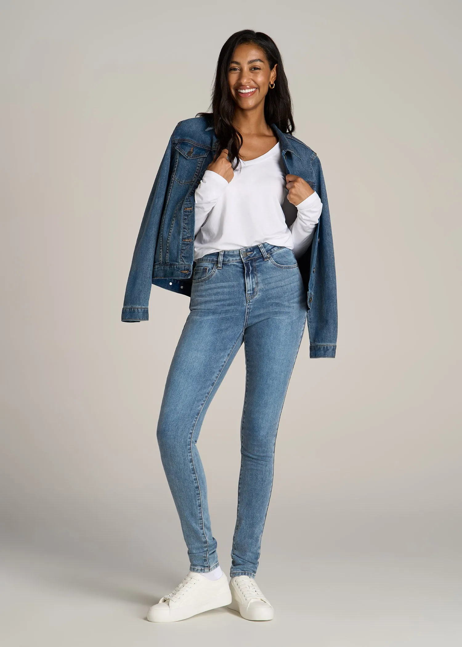 Long Sleeve Scoop V-Neck Tee Shirt for Tall Women in White