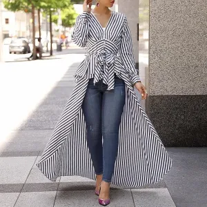 Long Tail V-Neck Top Striped Tie Waist Dip Hem Irregular Blouse