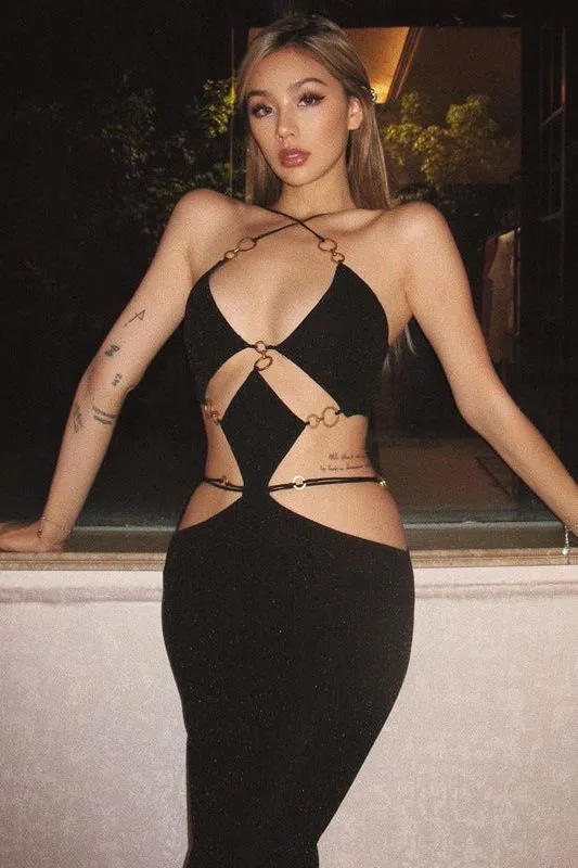 Low-Cut Halter Neck Suspender Backless Slit Dress
