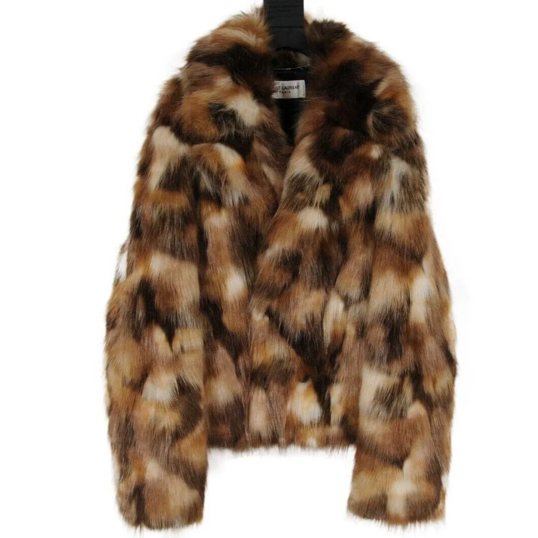 Men Double Breasted Faux Fur Coat Brown Tan Jacket Coat