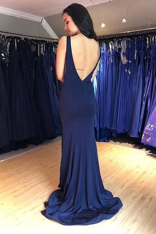 Mermaid Bateau Backless Sweep Train Navy Blue Prom/Evening Dress  PG979