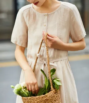 Mid Length Women Dresses, Short Sleeve Summer Linen Dress, Washed Linen Women Dresses SJ9715