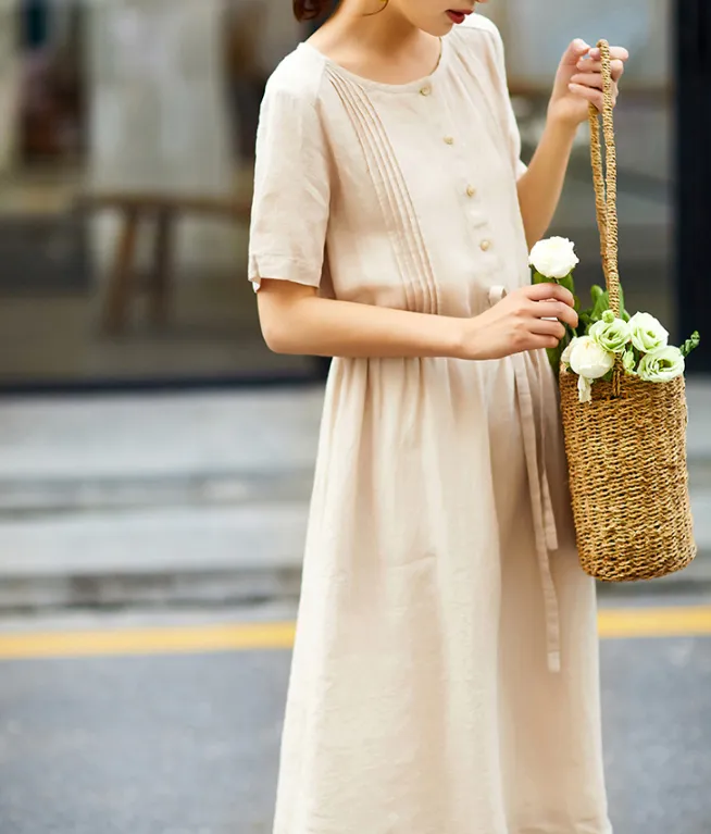 Mid Length Women Dresses, Short Sleeve Summer Linen Dress, Washed Linen Women Dresses SJ9715