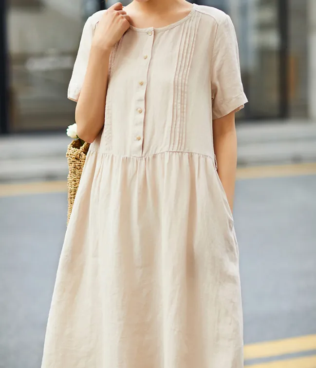 Mid Length Women Dresses, Short Sleeve Summer Linen Dress, Washed Linen Women Dresses SJ9715